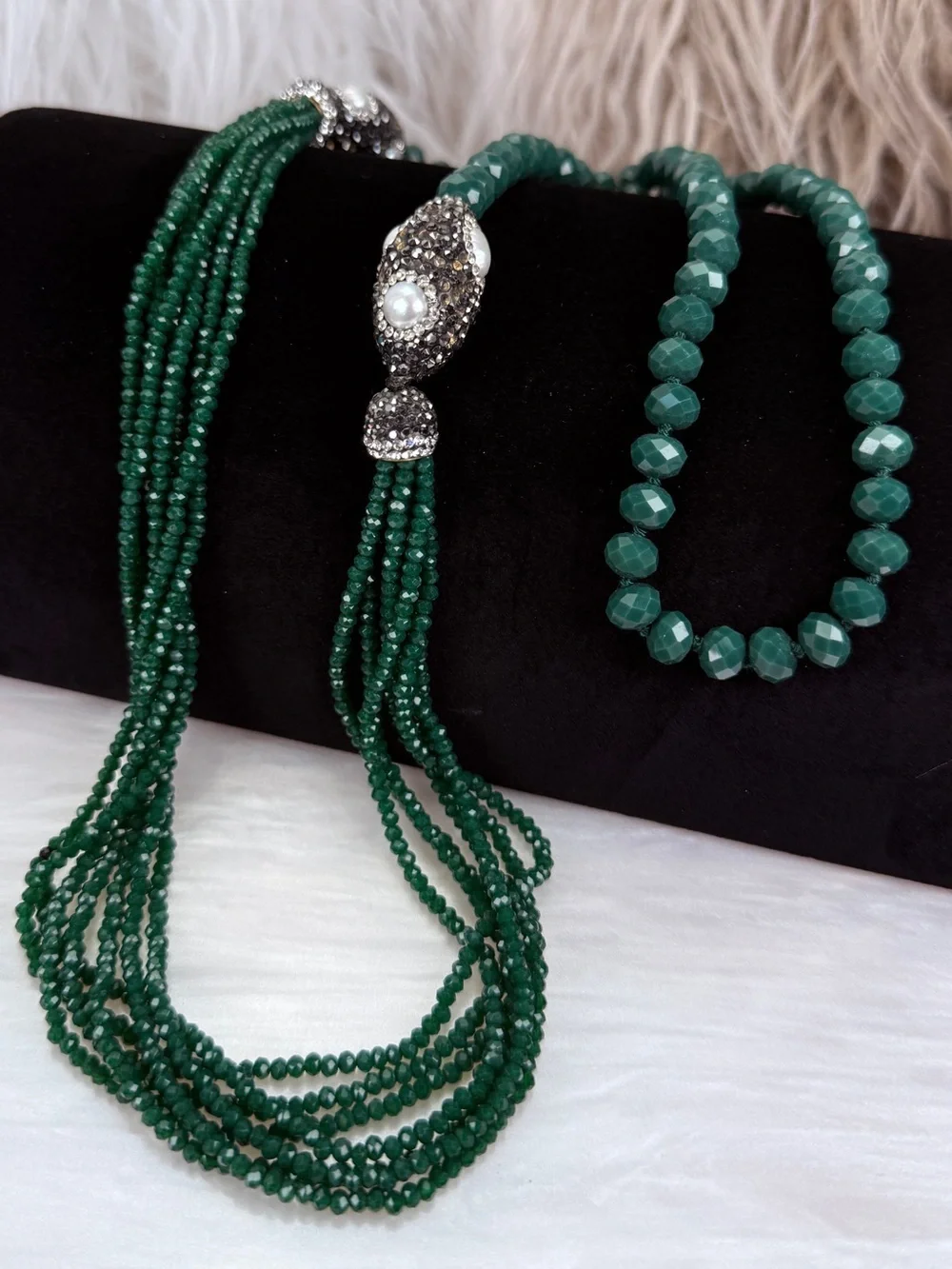 Emerald Green Multi Strand Faceted Bead Ornate Slip On Statement Necklace